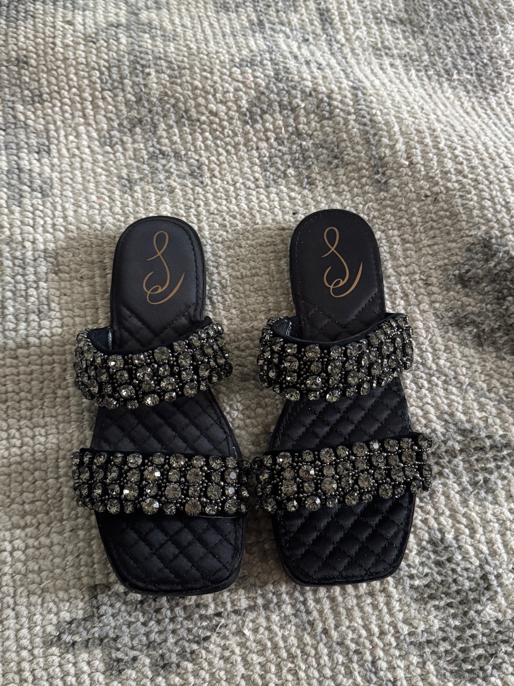 Sam Edelman Black Quilted Slide Sandals with Crystal Straps